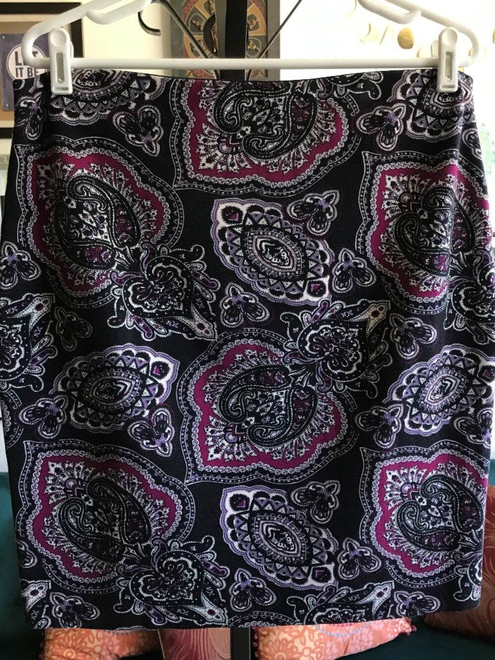ANN TAYLOR size 12 Black Purple & Wine Persian Print Stretch Ponte Knit Skirt